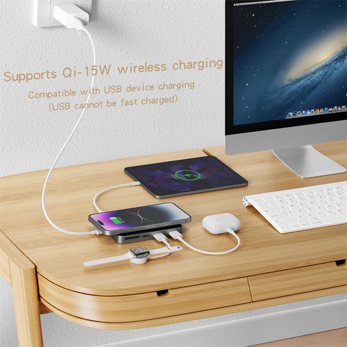 USB3.0 Hub 15W Wireless Fast Charge Type C Docking Station TF/SD Reader - Afbeelding 8 van 11