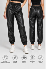 Women's Black Leather Jogger Pants Elastic Waist Genuine Lambskin Made to Order