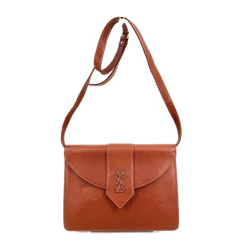 Vintage Saint Laurent Leather Shoulder Bag YSL Cassandra Brown Gold Authentic