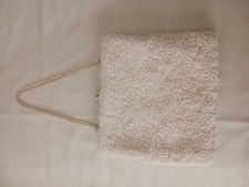 White Beaded Evening Bag Clutch Purse with Gold Tone Chain Strap