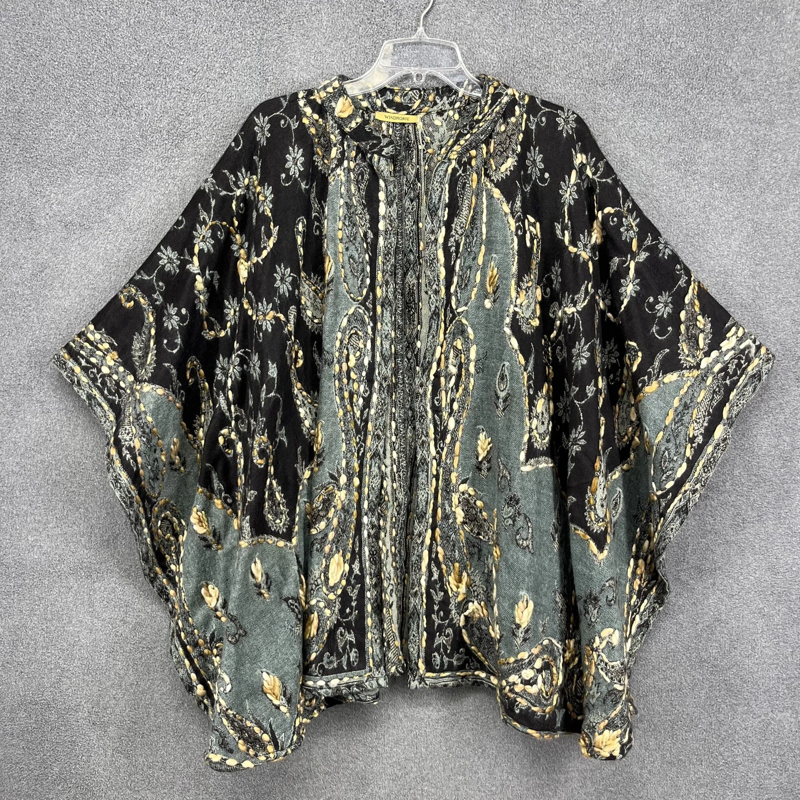 Windhorse Poncho Womens Paisley Floral Boho Embroidered Wool Blend Jacket