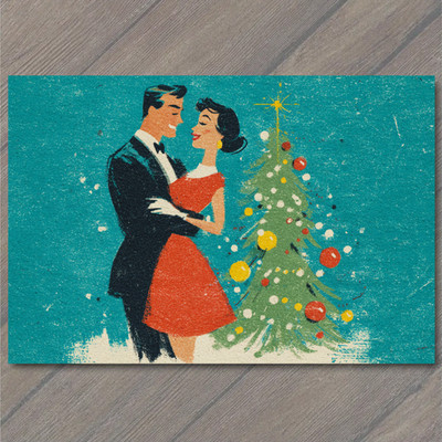 Art Print Retro Christmas Couple Dancing Holiday Tree 1950s Love Festive Joy