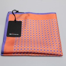 Kiton NWT 100 Silk Pocket Square In Orange with Purple  Cream Geometric Print