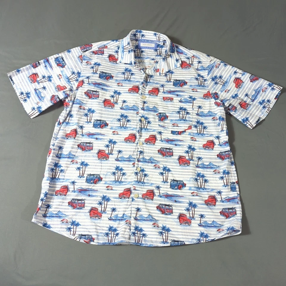 Alex Cannon Shirt Mens 2XL Button Down White Blue Cars Palm Tree Print - Image 2 of 4