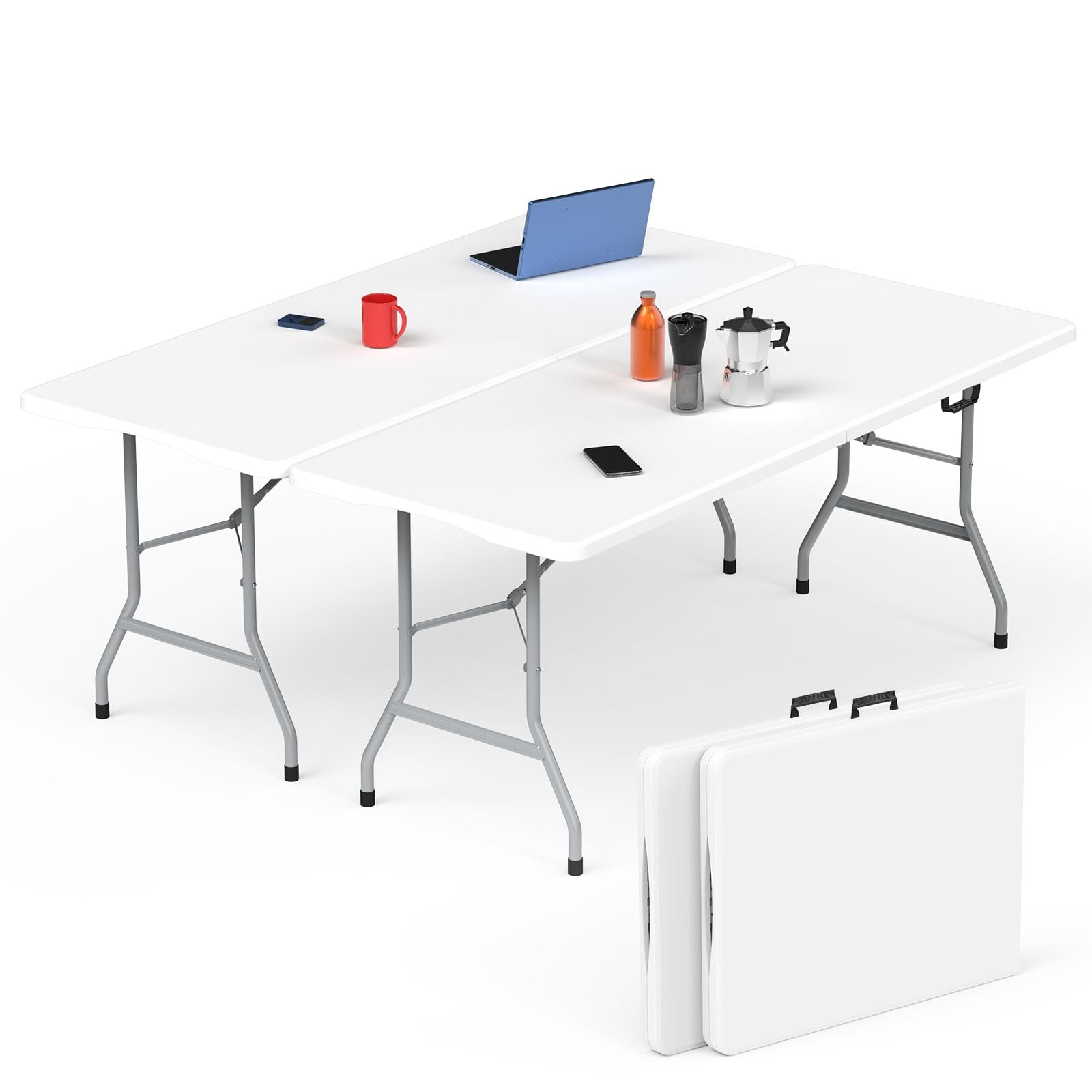 Folding Table - 2 Pcs, 6 ft Portable Camping Table with Handle and Safety Loc...