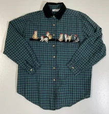 Vintage Cats In Santa Hats Button Up Sz M/L Plaid Christmas Novelty Cute 90s