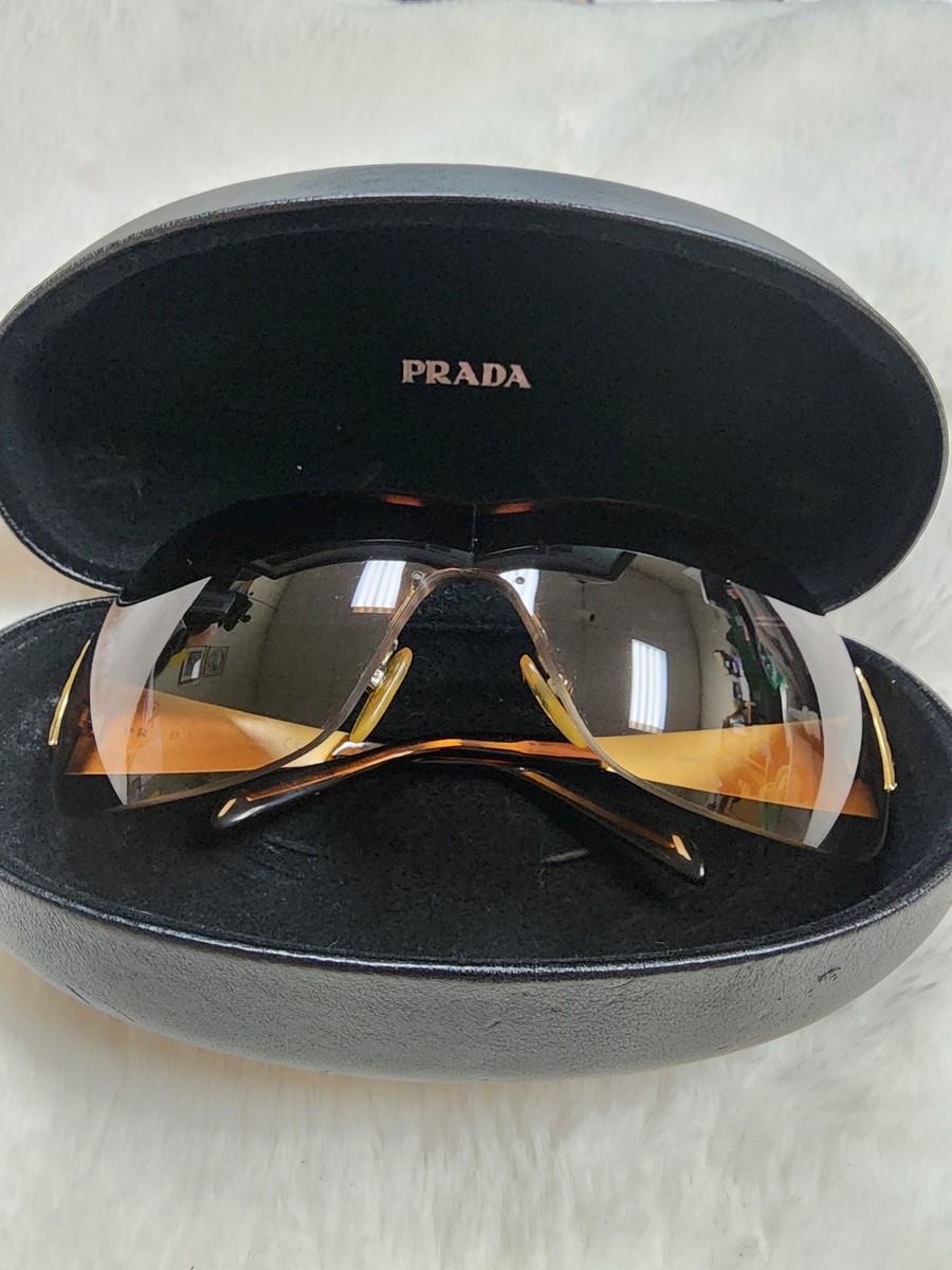 PRADA SPR 601 Shield Sunglasses Men Gold Metal Frame Brown