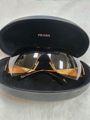 PRADA SPR 601 Shield Sunglasses Men Gold Metal Frame Brown