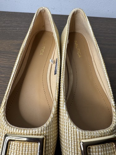 New Nautica Halsell Size 8.5 Woven Textured Ballet Flat Beige Gold Signed Buckle - Picture 6 of 11