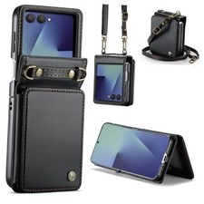 for Samsung Galaxy Z Flip 7 Wallet Case  PU Leather Crossbody, Card Black