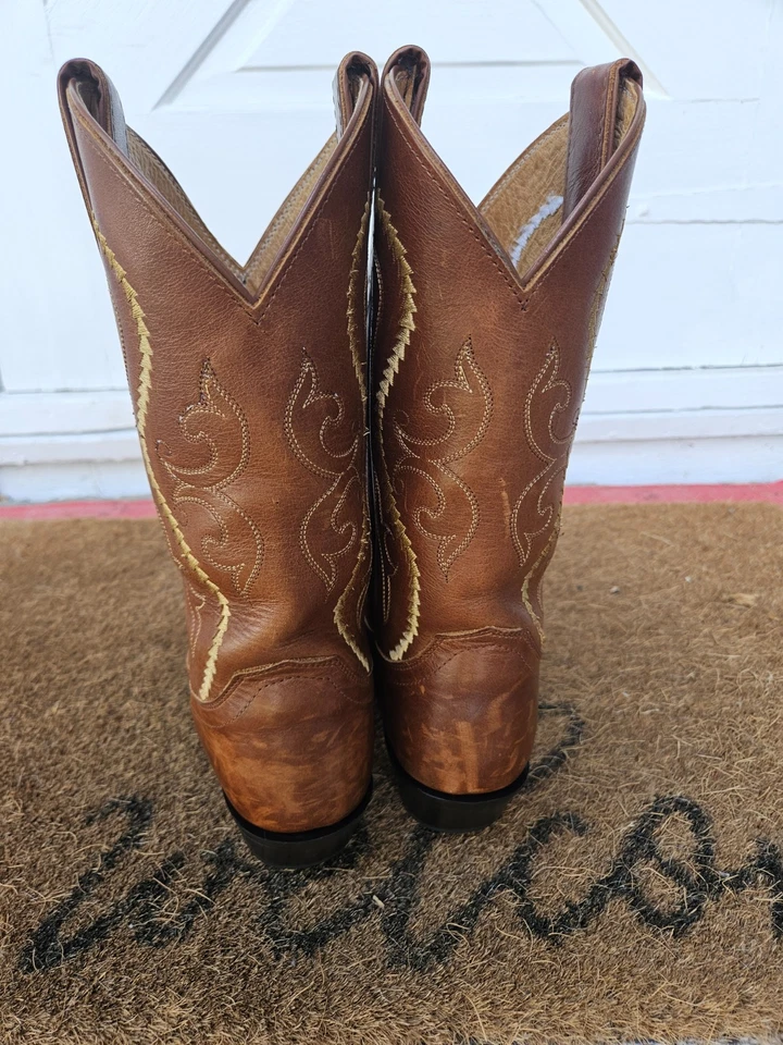 Botas vaqueras occidentales de cuero marrón Justin para mujer talla 6,5 B bordadas tostadas usadas en excelente estado Foto 4 de 4