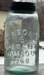 Quart Mason’s 6 Patent 1858 Ground Lip Nice Early Fruit Jar
