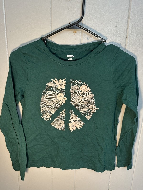 Old Navy Girl Green Long Sleeve Softest T-shirt Peace Hope Love Sz 10-12