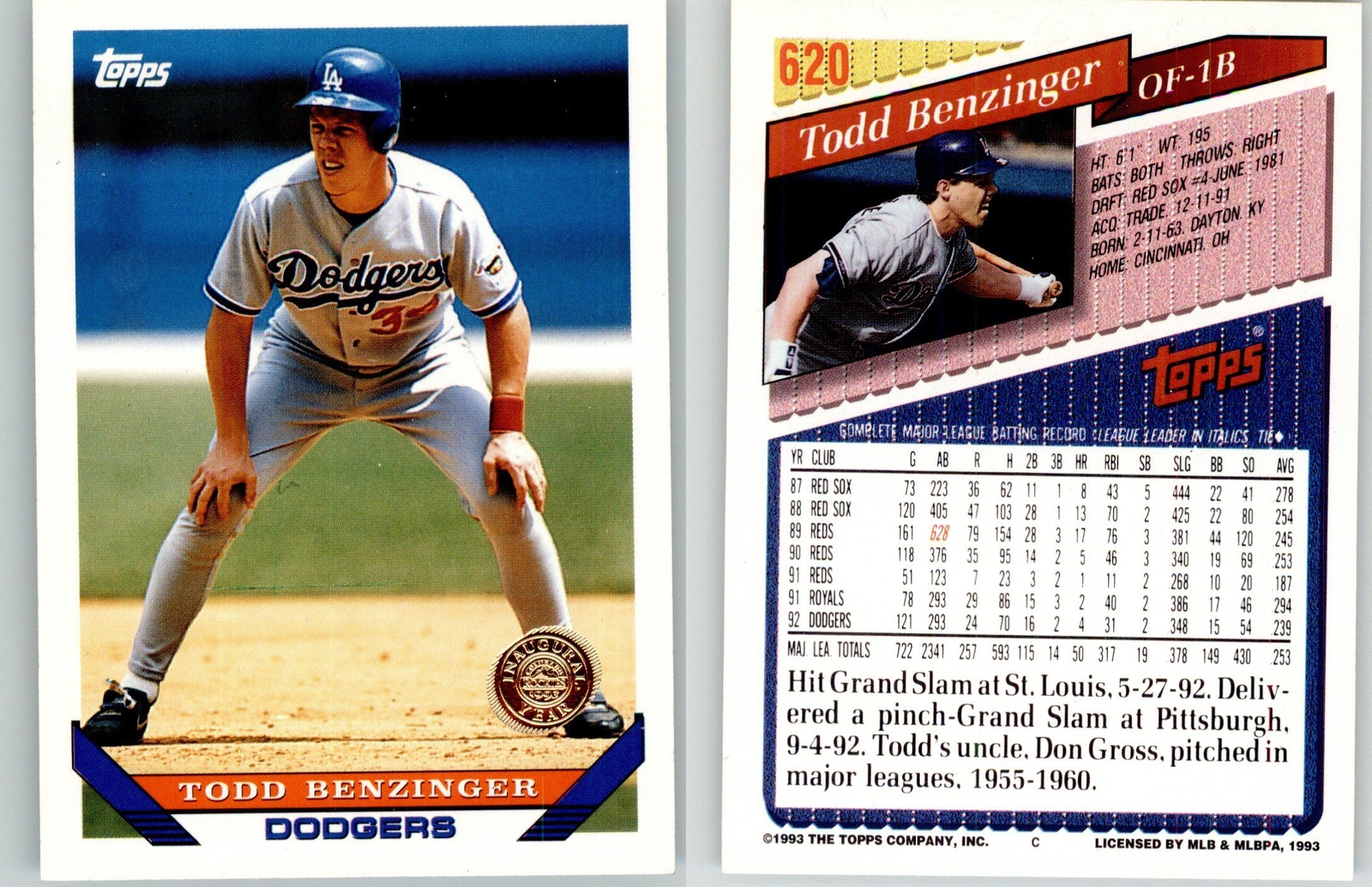 Todd Benzinger 1993 Topps Inaugural Rockies Stamped #620 Dodgers