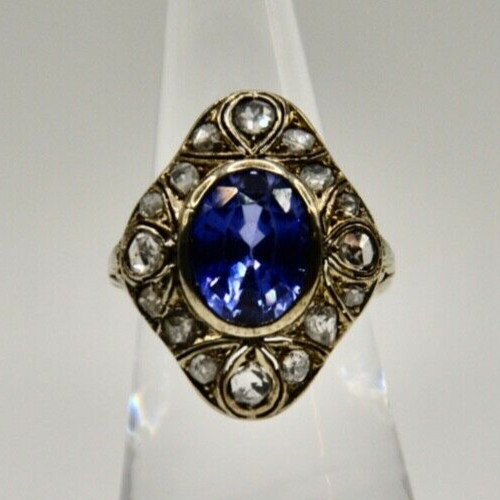 ORIGINAL ANTIQUE (1890) 18K WHITE GOLD -1 CARAT DIAMOND & RECONSTITUTED SAPPHIRE