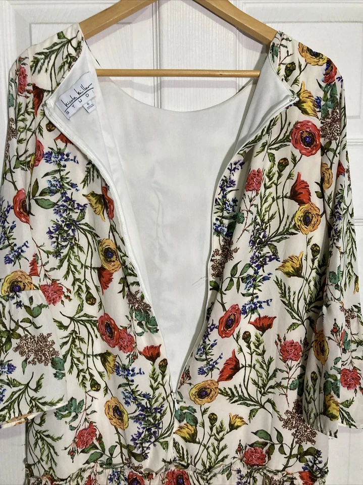 Платье Nicole Miller Размер 16 Студийное Цветочный Раструб Рукав Богемская Подкладка - Изображение 3 из 4