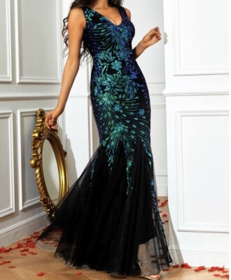 LoveAnd Lemonade Green Deep V-Neck Sleeveless Tunic Sequined Fishtail Mesh  Dress | eBay
