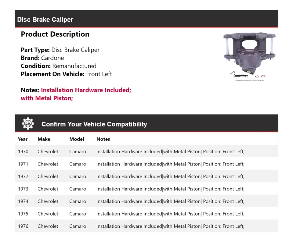 Pinza de freno de disco delantera izquierda cardone 1971 1972 para Chevrolet Camaro 1970-1976 Foto 2 de 4