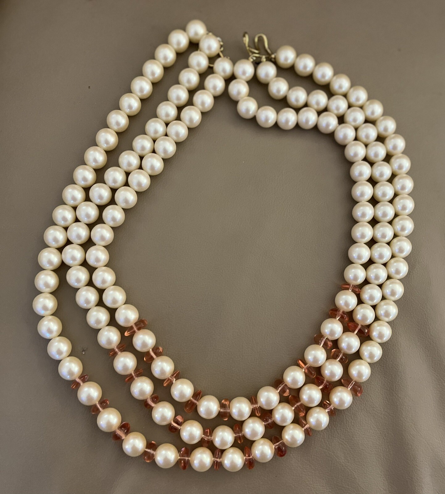 VINTAGE TRIPLE STRAND FAUX PEARL WEIGHTY NECKLA… Gem