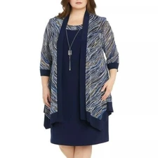NWT R&M Richards Womens Navy Silver Two Piece Dress with Printed Jacket SIZE 10