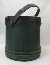 antique primitive Firkin Bucket old Green paint - copper nails wood wooden