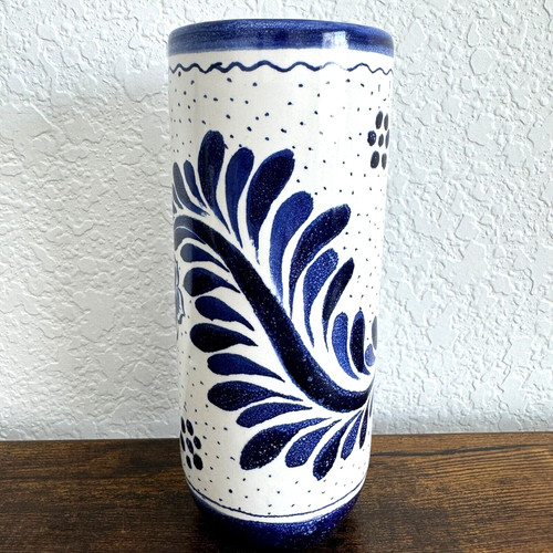 Cobalt Blue and White Painted Art Glass Vase Jar Artist Signed 7"