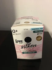 Q+ JET BLACK L'EGGS SILKEN MIST SILK SHEER LEG CONTROL TOP SHEER TOE TIGHTS 2PK