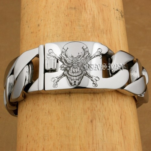 Engraved Pirate Skull Stainless Steel Bracelet Biker Punk Jewellery 5D101B - Picture 17 of 18