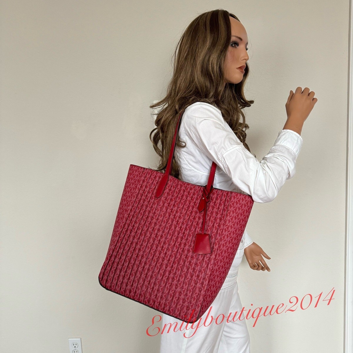NWT Michael Kors Sinclair Large NS Shopper Tote Crimson Red Canvas