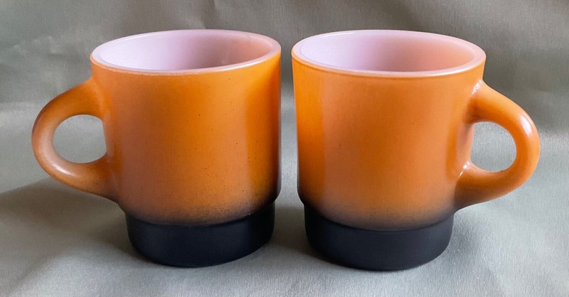 2-Anchor Hocking Fire King Two Toned 8 oz Stackable Coffee Mugs Orange & Black
