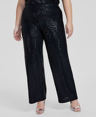 Anne Klein Women's Black Linear Shine Embellished Wide-Leg Pants Plus Size 3X