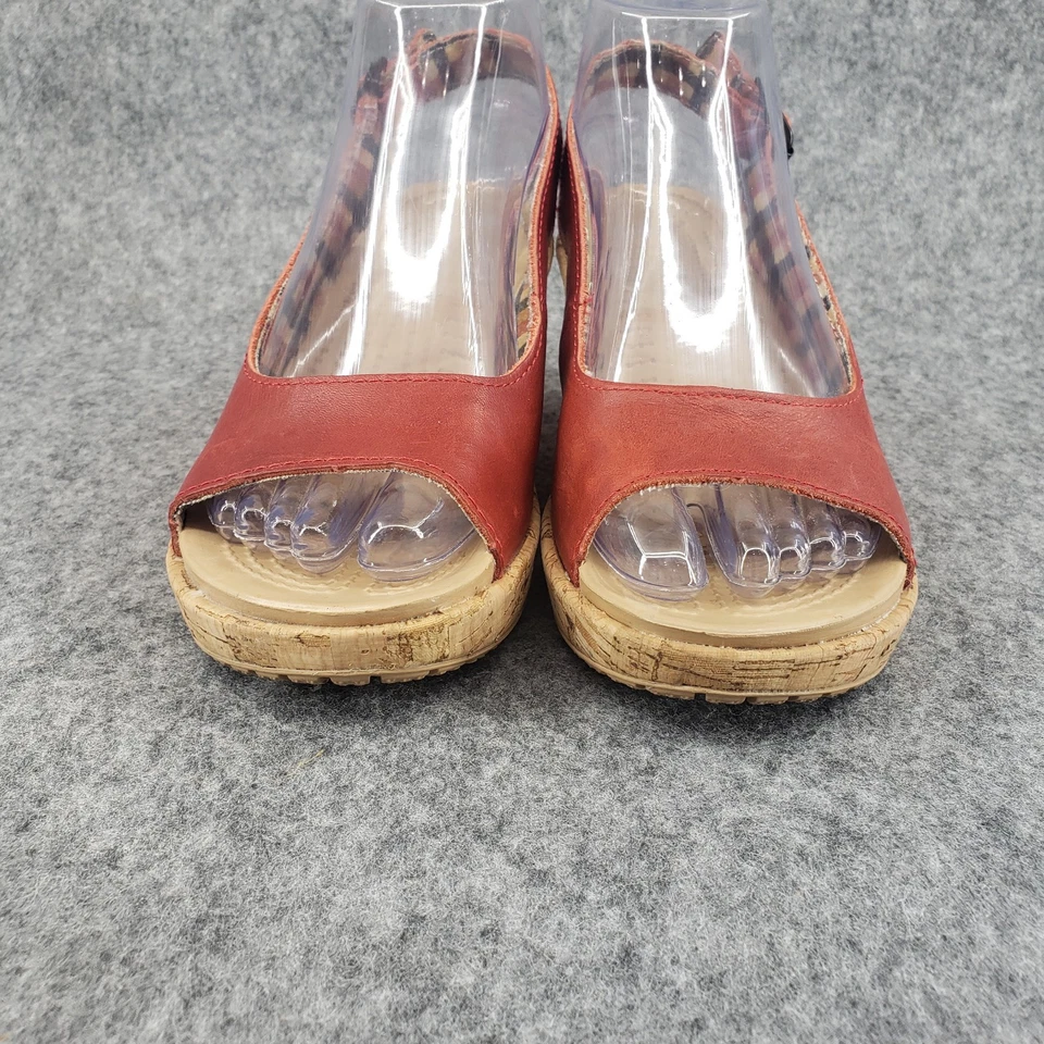 Sandalias de cuña Crocs para mujer A Leigh de corcho con cordones de cuero rojo peep-toe talla 7 Foto 2 de 4