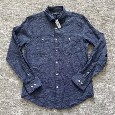 Express 1MX Fitted Blue Button Up Shirt Linen Cotton Blend Mens Medium 15-15 1/2