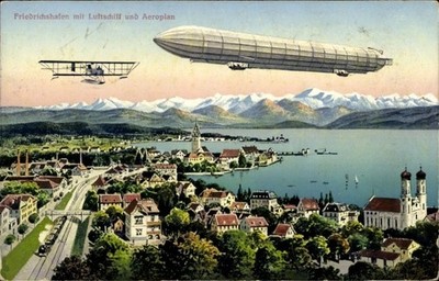Postcard Friedrichshafen on Lake Constance, Zeppelin and aircraft over the city - 11502971