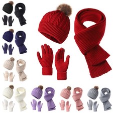 Hat Scarf and Gloves Set Ladies, Winter Beanie Hat for Women with Pom Pom Fleece