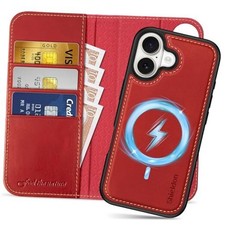 Genuine Leather Wallet Case 6.3-inch 2025  Detachable for iPhone 17 Retro Red