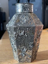 Vtg. SILVER-PLATED TEA CADDY & LID Hexagonal with Embossed/High Relief Blossoms
