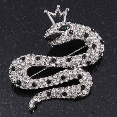 Brosche Königin Schlange schwarz/klar Diamanten in Rhodinierung - 5 cm breit