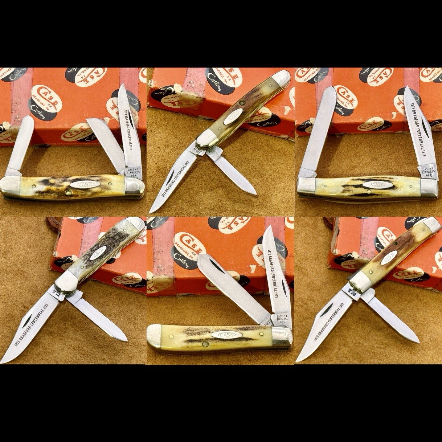 1979 CASE XX 6 Knife Bradford Centennial Genuine Stag Set With Original Box Dot