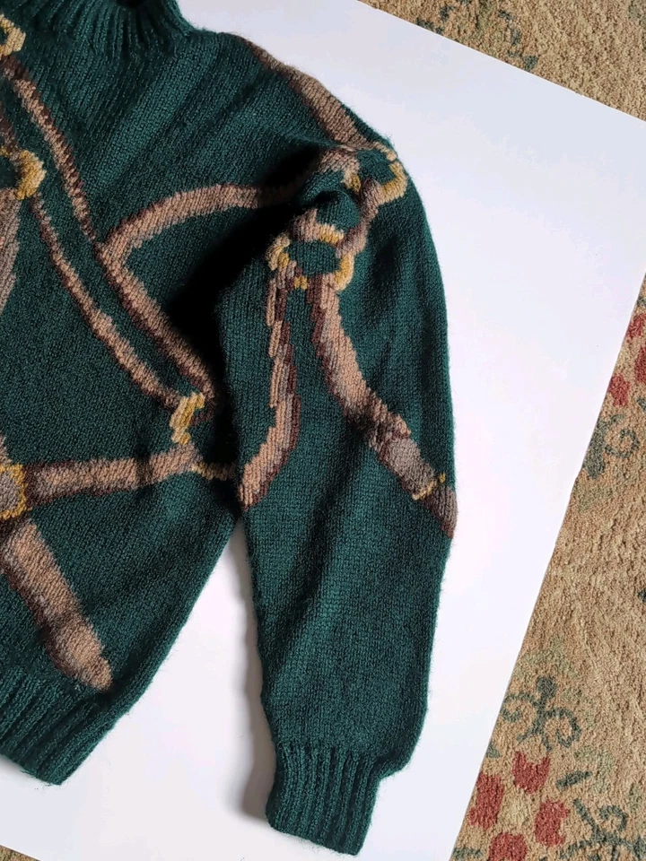 Suéter Tejido a Mano Lana Bosque Verde Intarsia Caballo Bit Raro Mujeres L Foto 3 de 4
