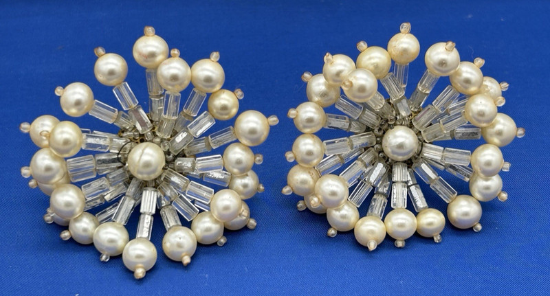 Rare Coppola e Toppo Italy Faux Pearl Crystal Beaded Burst Couture Clip Earrings