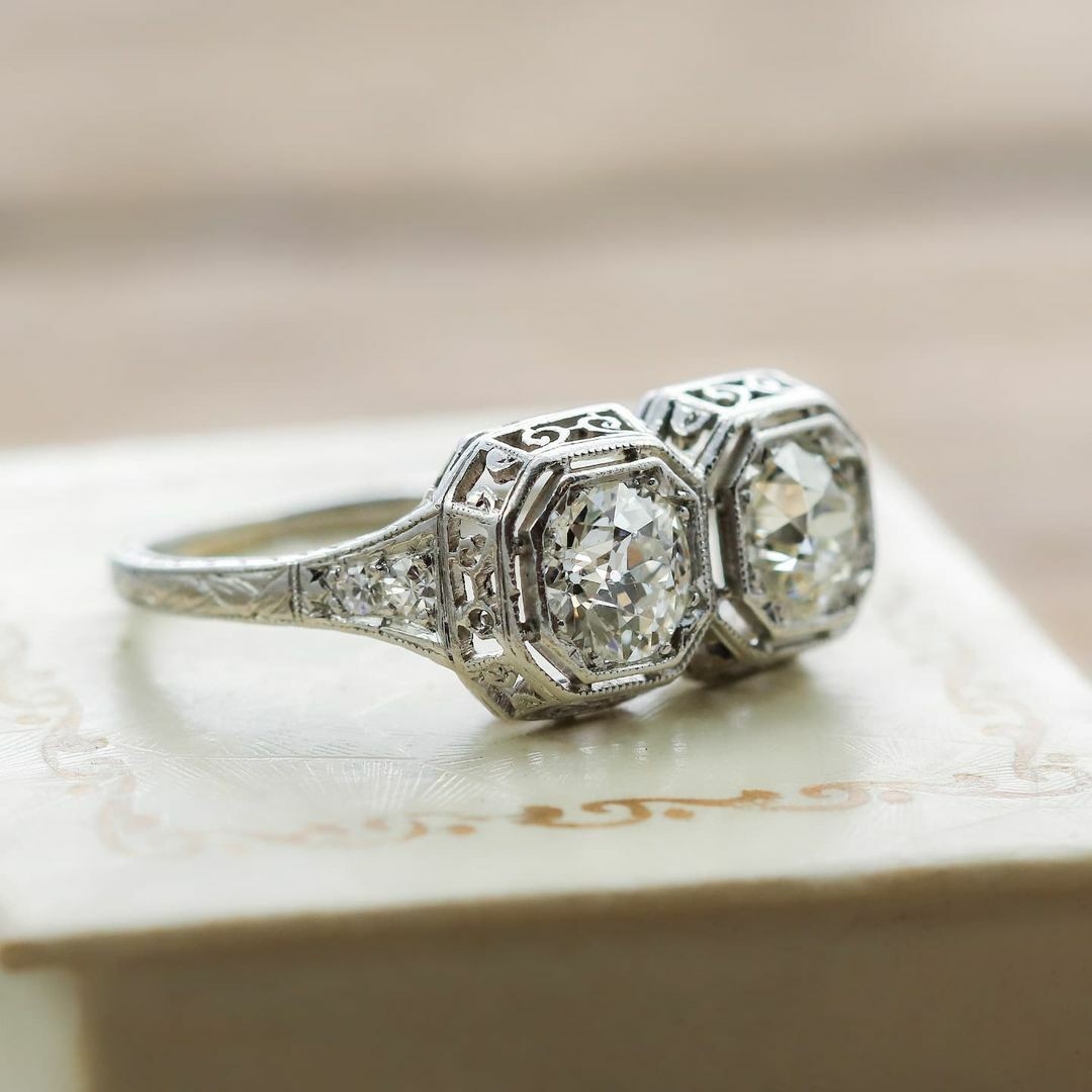 Two Stone Toi et moi Ring, Art deoc vintage style engagement ring in 925 silver