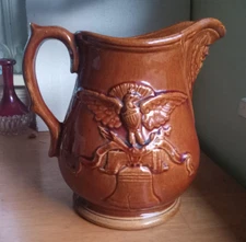 1850s RARE ROCKINGHAM POTTERY JUG PITCHER PATRIOTIC EAGLE LIBERTY BELL NICE