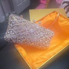 Luxury Rhinestone Crystal Evening Handbag Wedding Party Clutch Gold W/ Chain