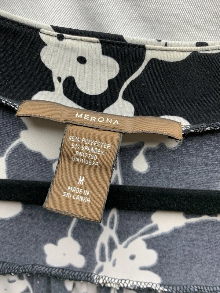 Floral Wrap Midi Dress M Black White Print 3/4 Sleeve V-Neck Retro Chic Elegant - Image 4 of 4