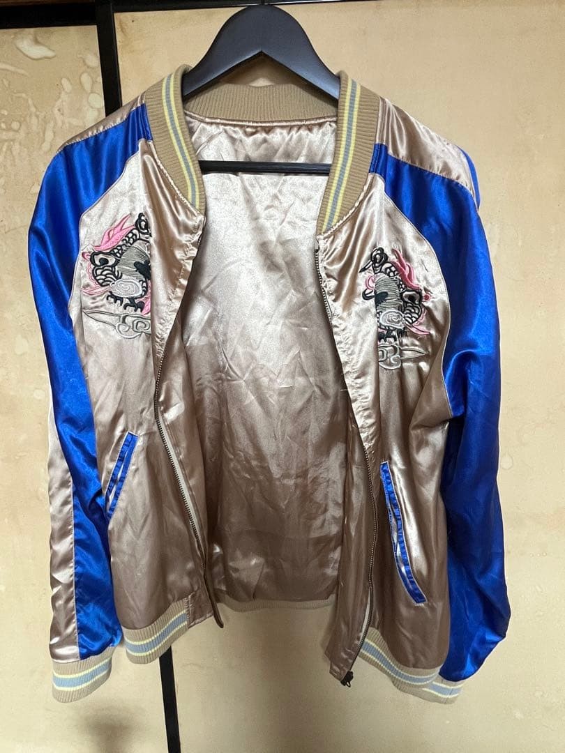 Dragon embroidery satin sukajan jacket blue/gold Japanese design used