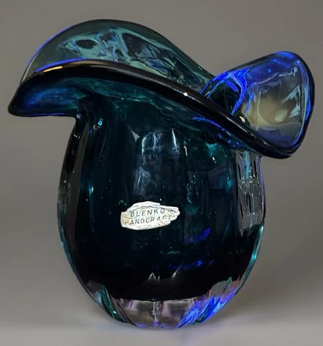 BLENKO JOEL MYERS DESIGN #6513 Turquoise Ribbed Cased Art Glass Vase Sticker