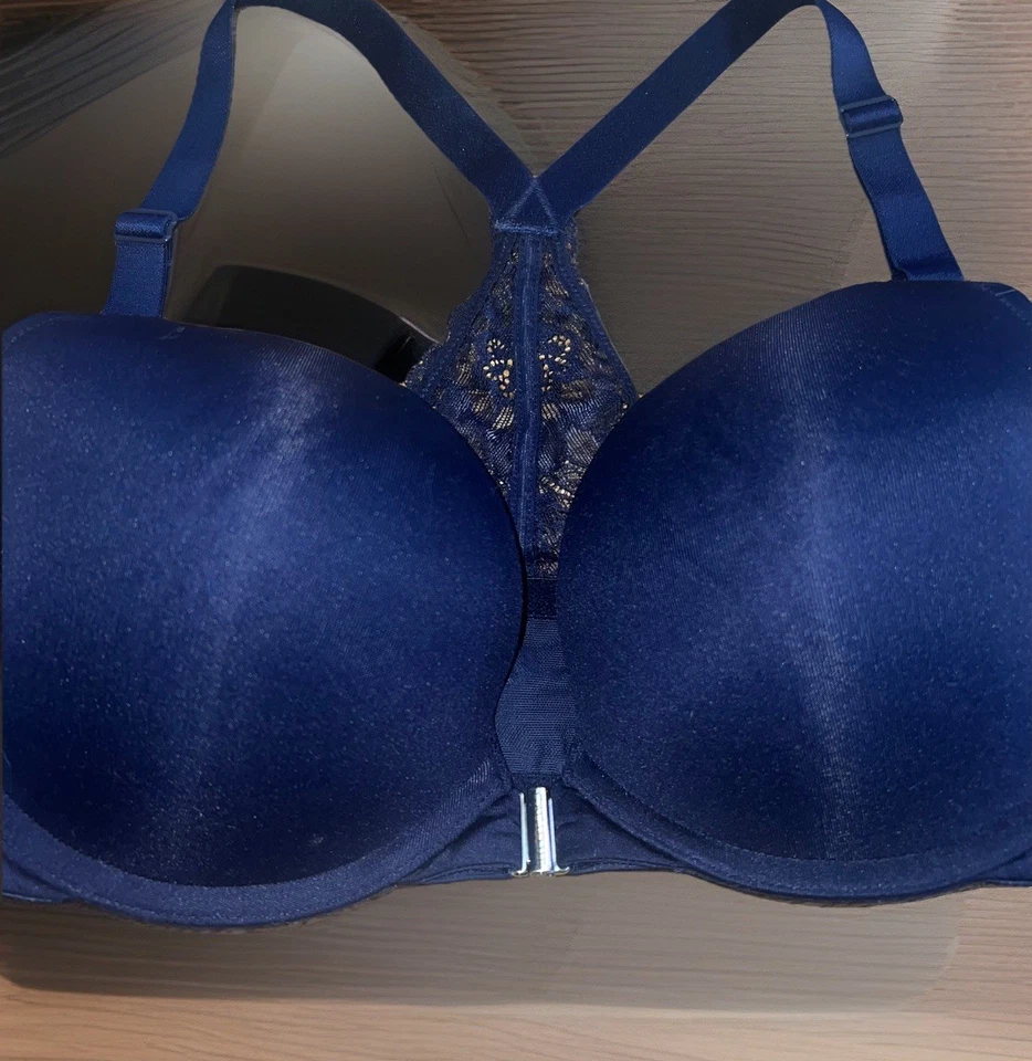 Cacique Front-Close Smooth Boost Plunge Bra 38C Satin Navy Razor Lace Back - Image 2 of 4