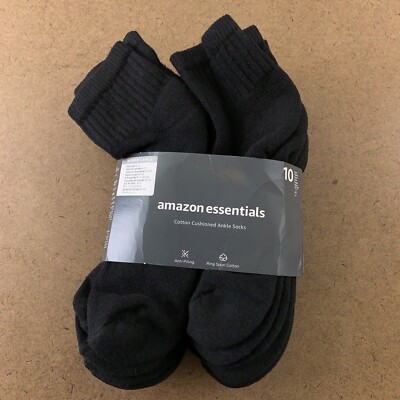 Amazon Essentials Women's Size 8-12 Black Lightly Cushioned Ankle Socks 10-Pack 