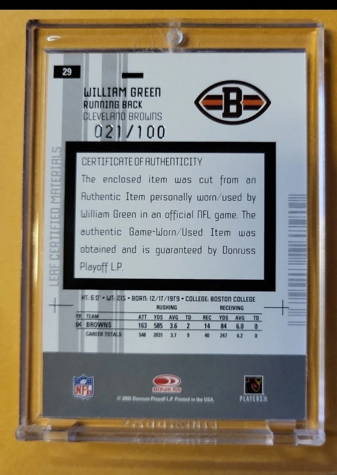William Green 2005 Donruss Leaf Certified Materials Mirror Red Card 021/100 - Image 2 of 2